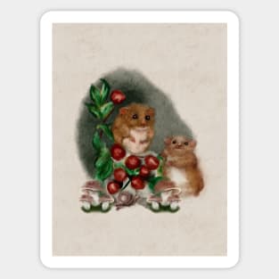 Adorable Baby Woodland Mice Play on the Forest Floor With Mushrooms, Snails, and Red Barries in this Cottagecore Watercolor Sticker